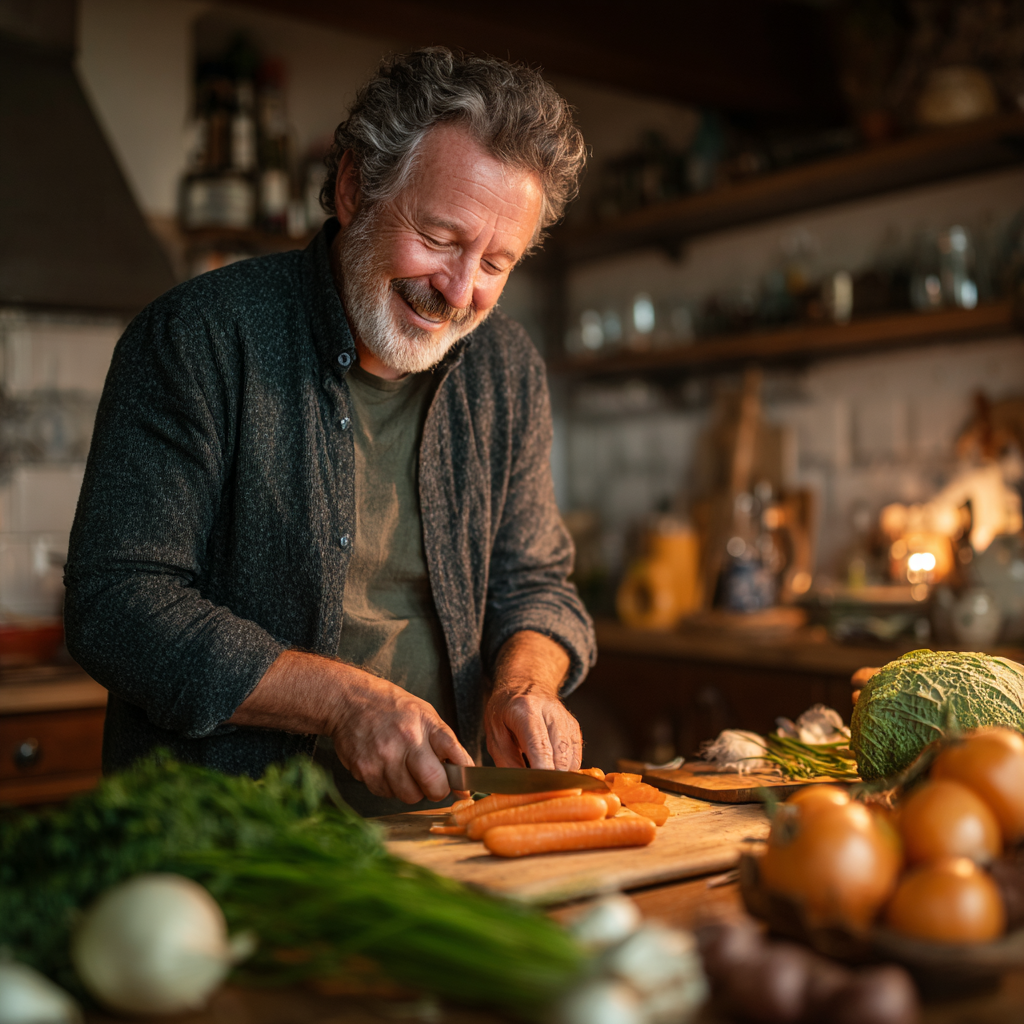 Чоловік 60 років готує здорову їжу на кухні, посміхається та нарізає овочі