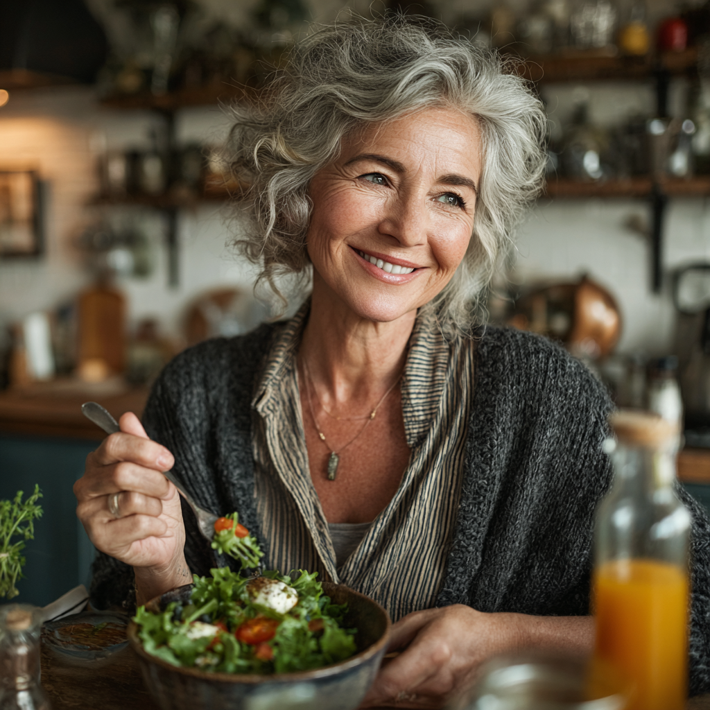 Жінка 55 років насолоджується здоровим салатом на кухні, посміхається та тримає вилку